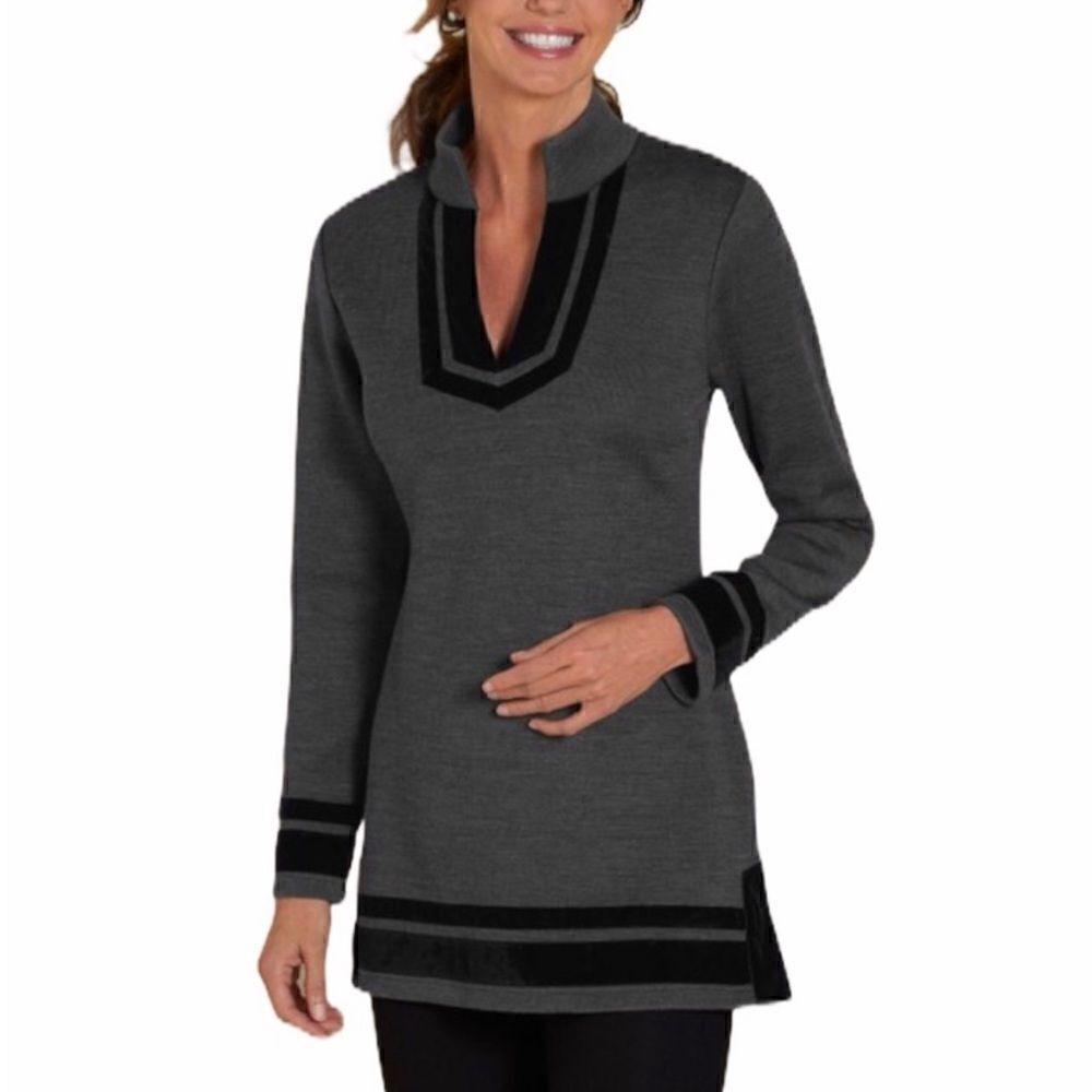 Soft Surroundings Tunic “Runway” Wool Blend With Velvet Trim Grey Black Size M